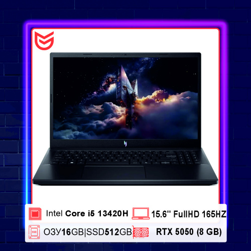 Ноутбук игровой Acer Nitro V 15 ANV15-52-57BB 15.6", IPS, Intel Core i5 13420H 2.1ГГц, 8-ядерный, 16ГБ DDR4, 512ГБ SSD, NVIDIA GeForce RTX 5050 для ноутбуков - 8 ГБ, Windows 11 Home, черный [nh.u1paa.004]
