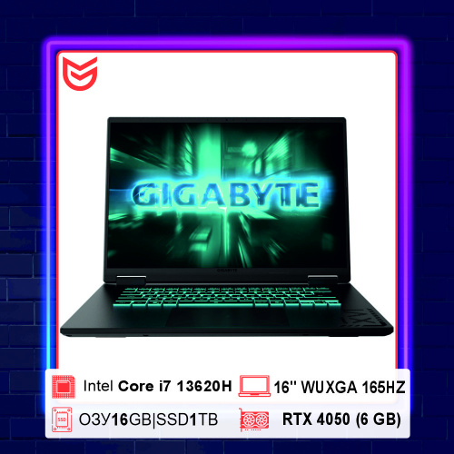 Ноутбук GIGABYTE Gaming A16 GA6H Intel Core i7 13620H 2400MHz/16"/1920x1200/16GB/1024GB SSD/NVIDIA GeForce RTX 4050 6GB/Wi-Fi/Bluetooth/Без ОС (CMHI2KZ894SD) Black